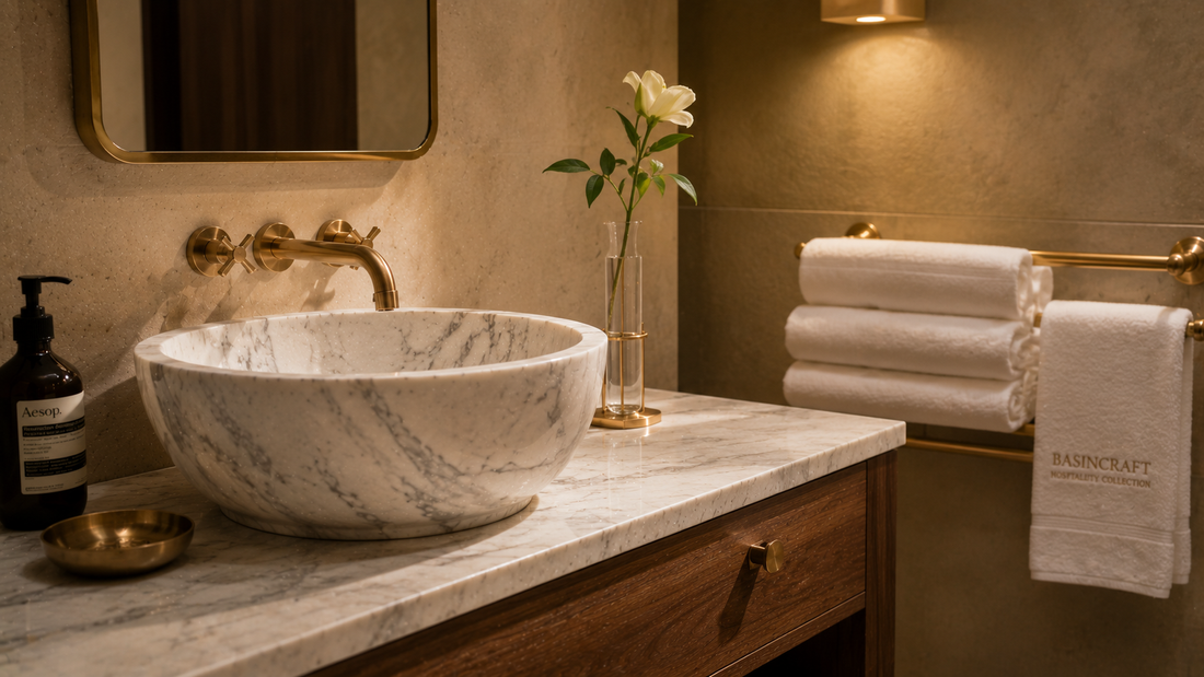 Designer hospitality project spec table with hand-carved stone samples and hotel bathroom blueprint