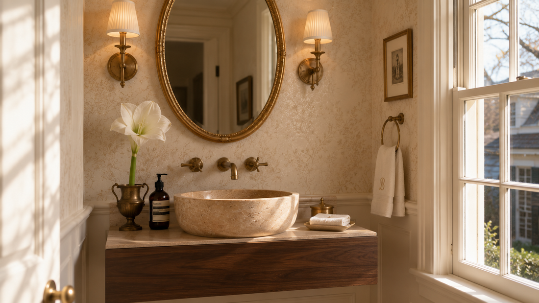 Greenwich Connecticut powder room renovation with beige marble vessel sink and antique brass fixtures