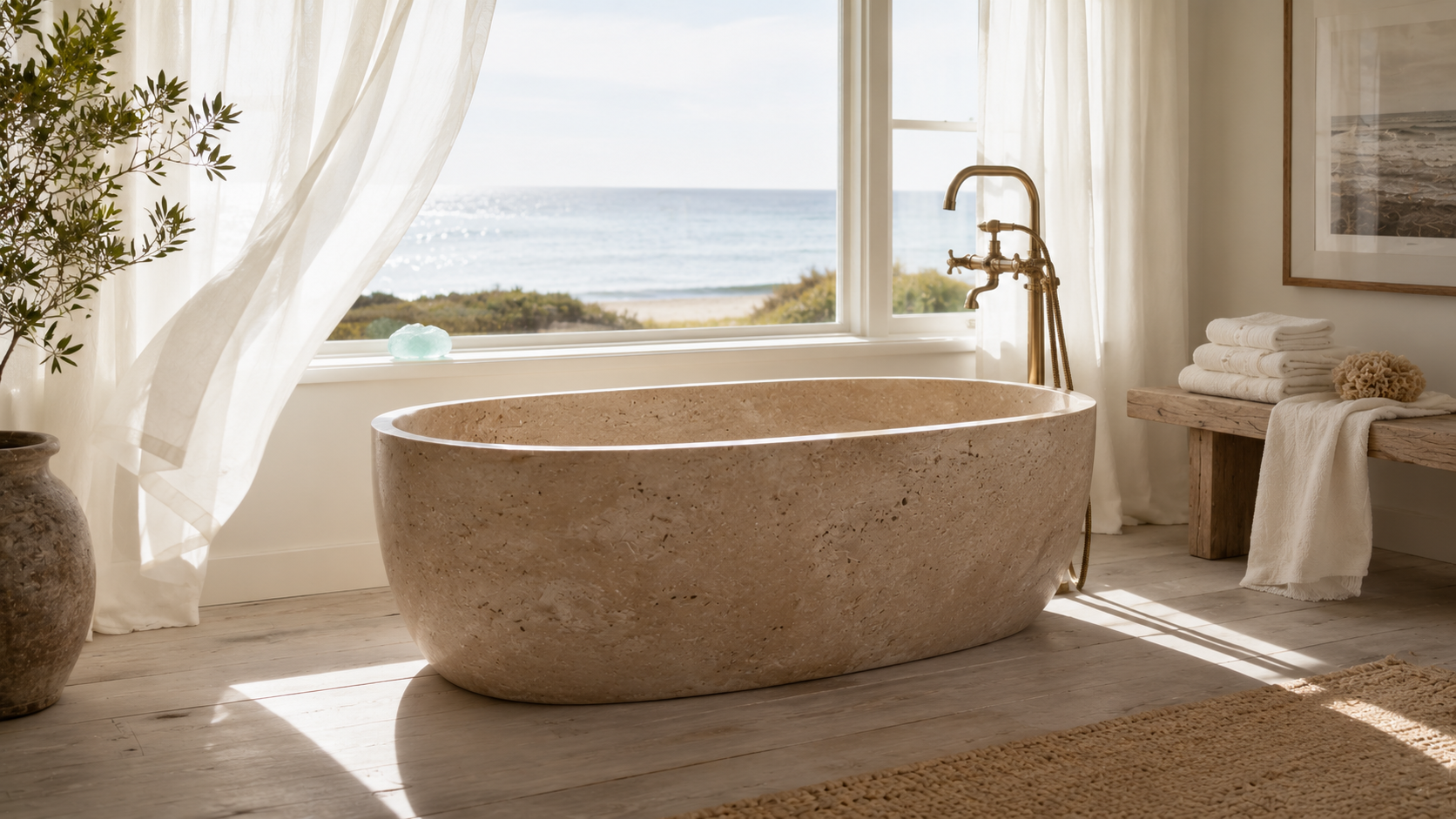 Hamptons spa bathroom interior with travertine vessel sinks, linen textures, and natural ocean light