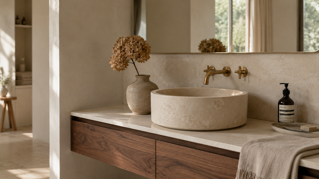 Cream limestone bathroom vanity guide for US homeowners with hard water — care and maintenance
