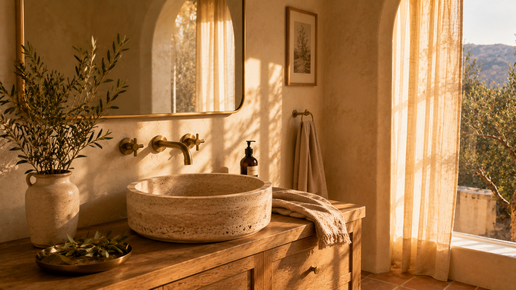 Mediterranean Revival 2026 bathroom design with travertine vessel sink and warm limewashed walls