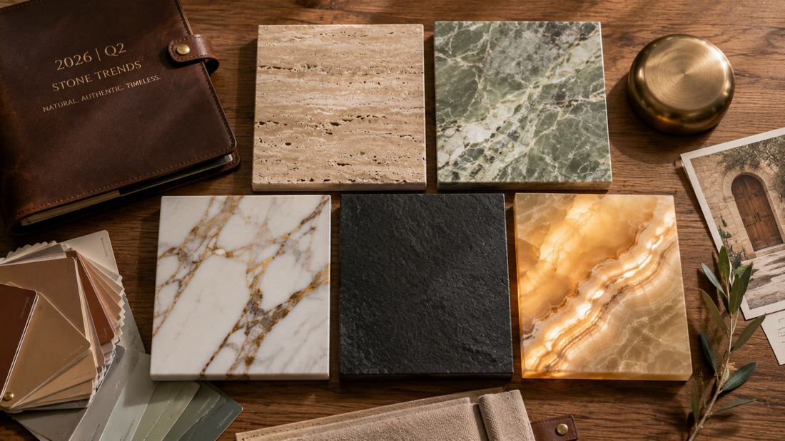 Designer mood board showing 2026 Q2 trending stone aesthetics from Pinterest and Houzz