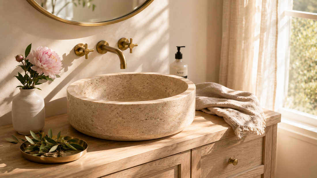 Spring 2026 bathroom refresh featuring travertine vessel sink upgrade without full renovation