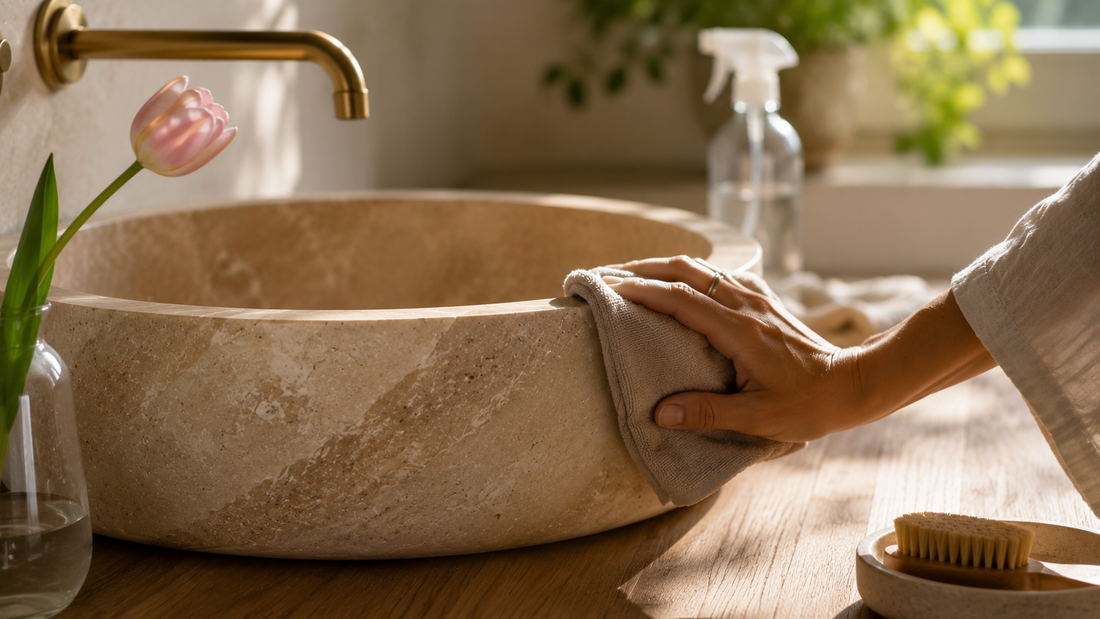 Spring cleaning natural stone surfaces safely using pH-neutral cleaner and microfiber cloth