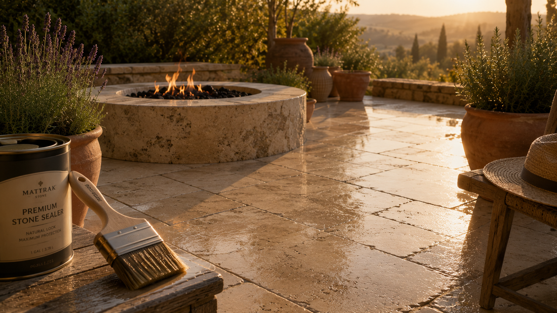 Outdoor travertine and limestone surfaces being protected from summer heat with stone sealer