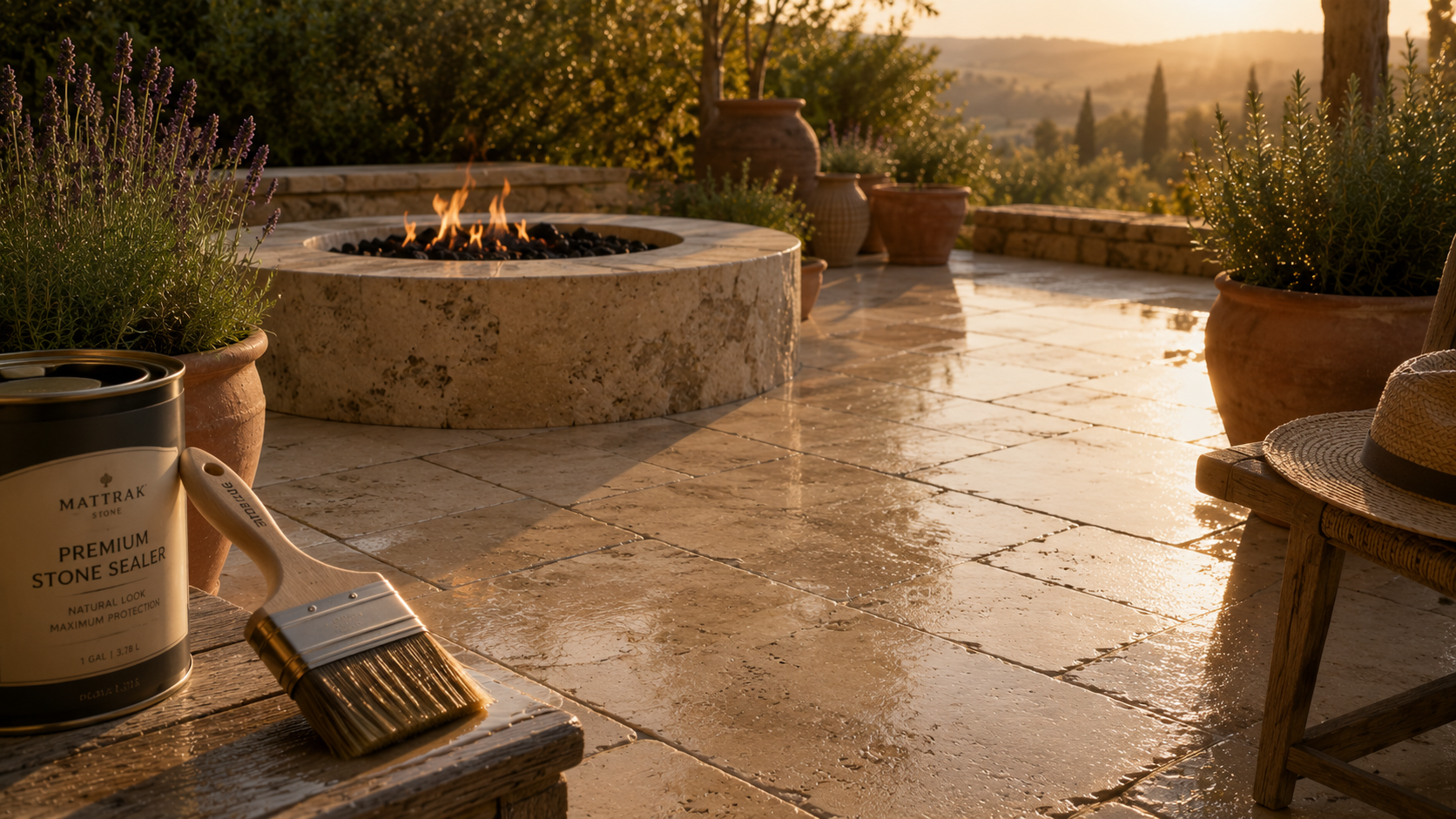 Outdoor travertine and limestone surfaces being protected from summer heat with stone sealer