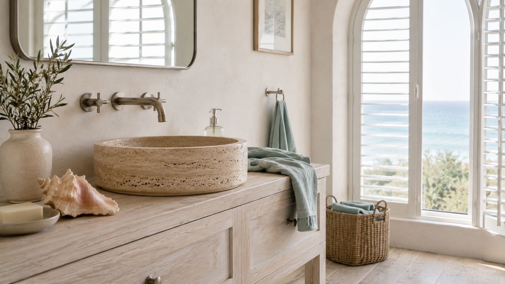 Coastal home interior with travertine vessel sink replacing marble — 2026 designer preference