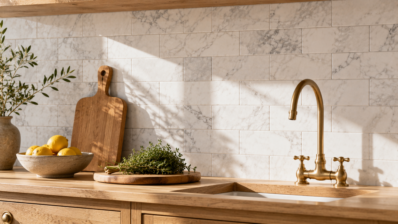 BASINCRAFT natural stone backsplash collection — slab statement walls, marble subway tiles, and intricate stone mosaics