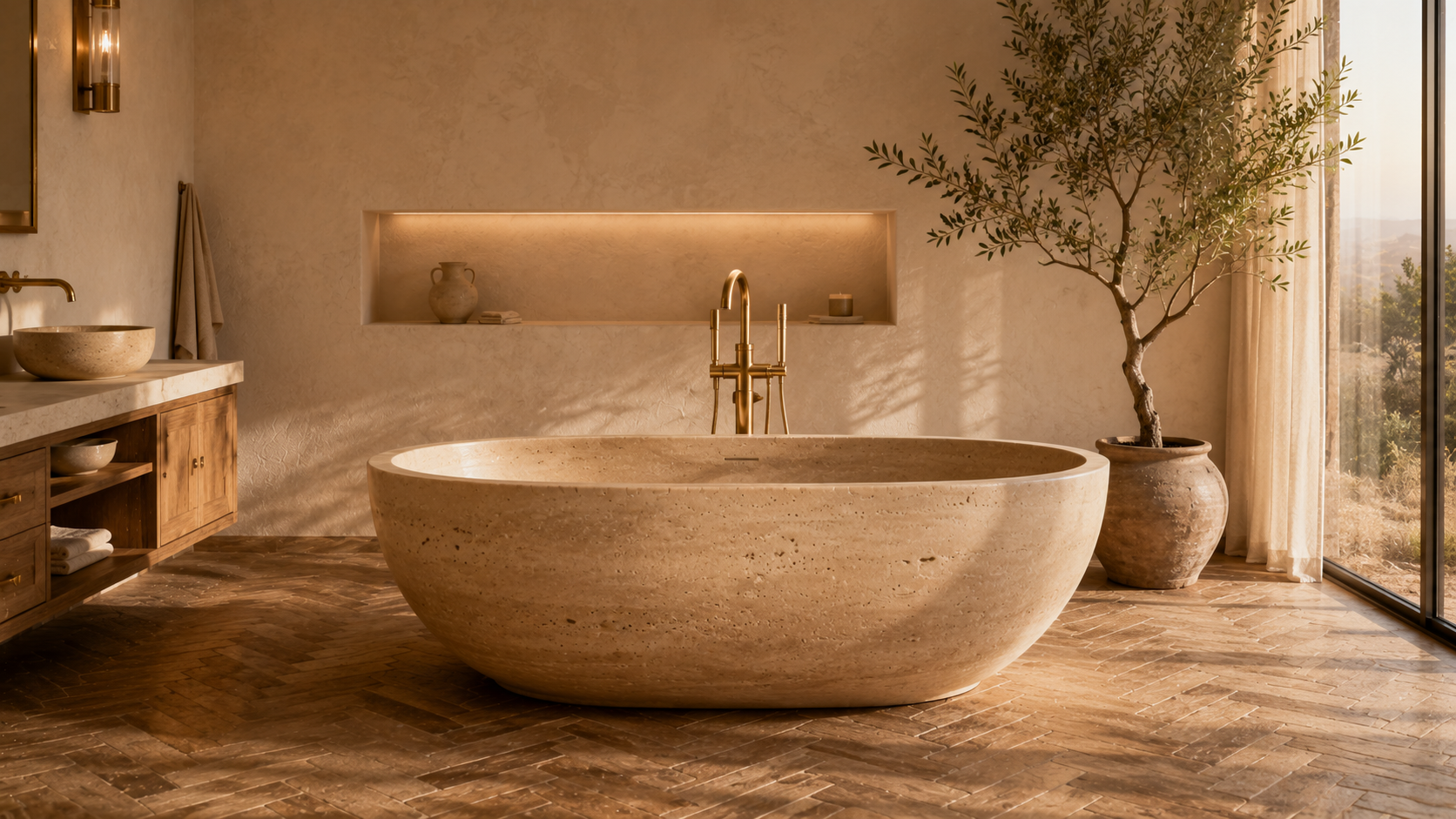 BASINCRAFT hand-carved natural stone bathtub collection — freestanding marble and travertine soaking tubs fabricated to spec