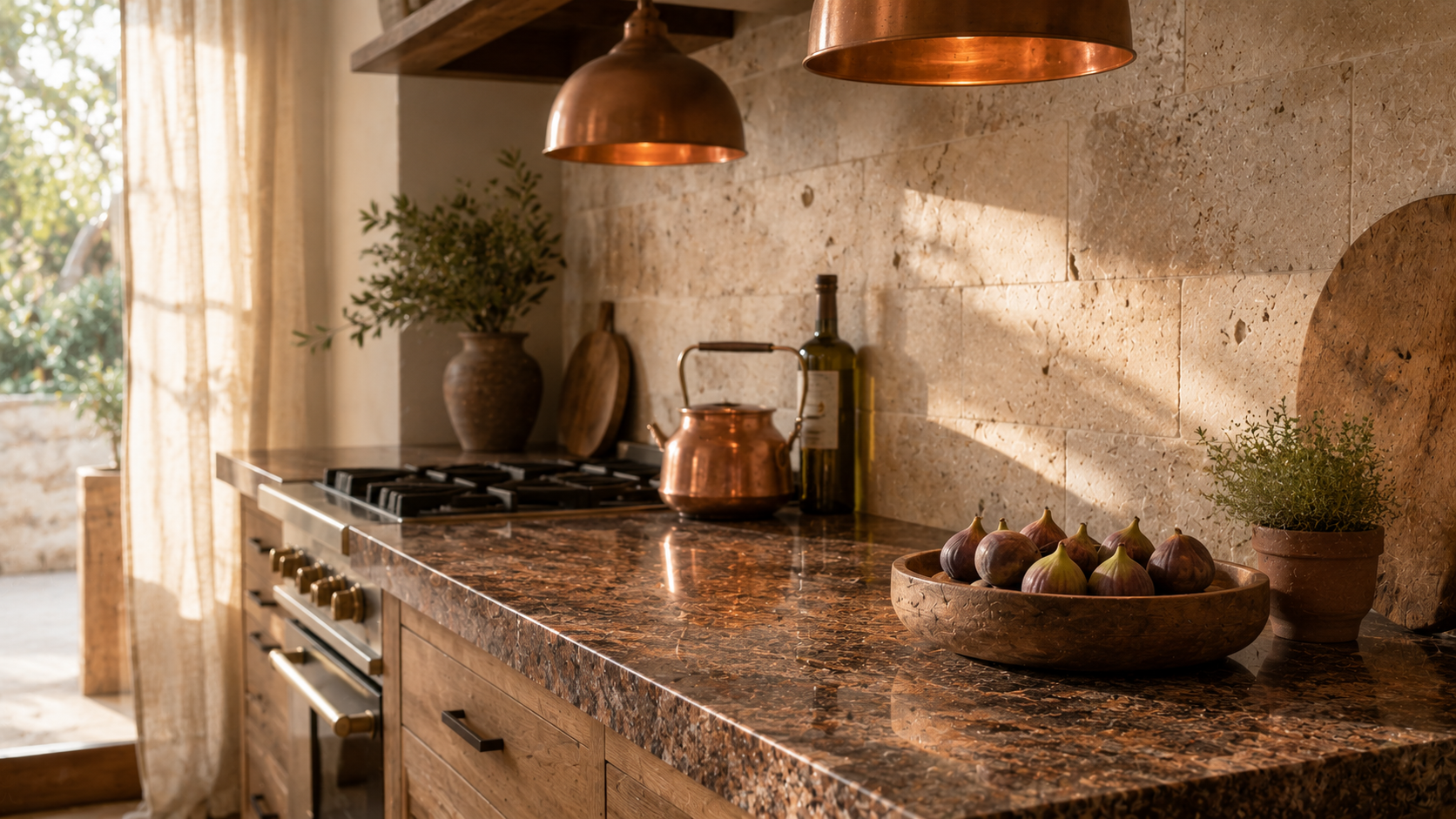 BASINCRAFT beige and brown natural stone collection — warm Turkish travertines, brown granites, and golden limestones