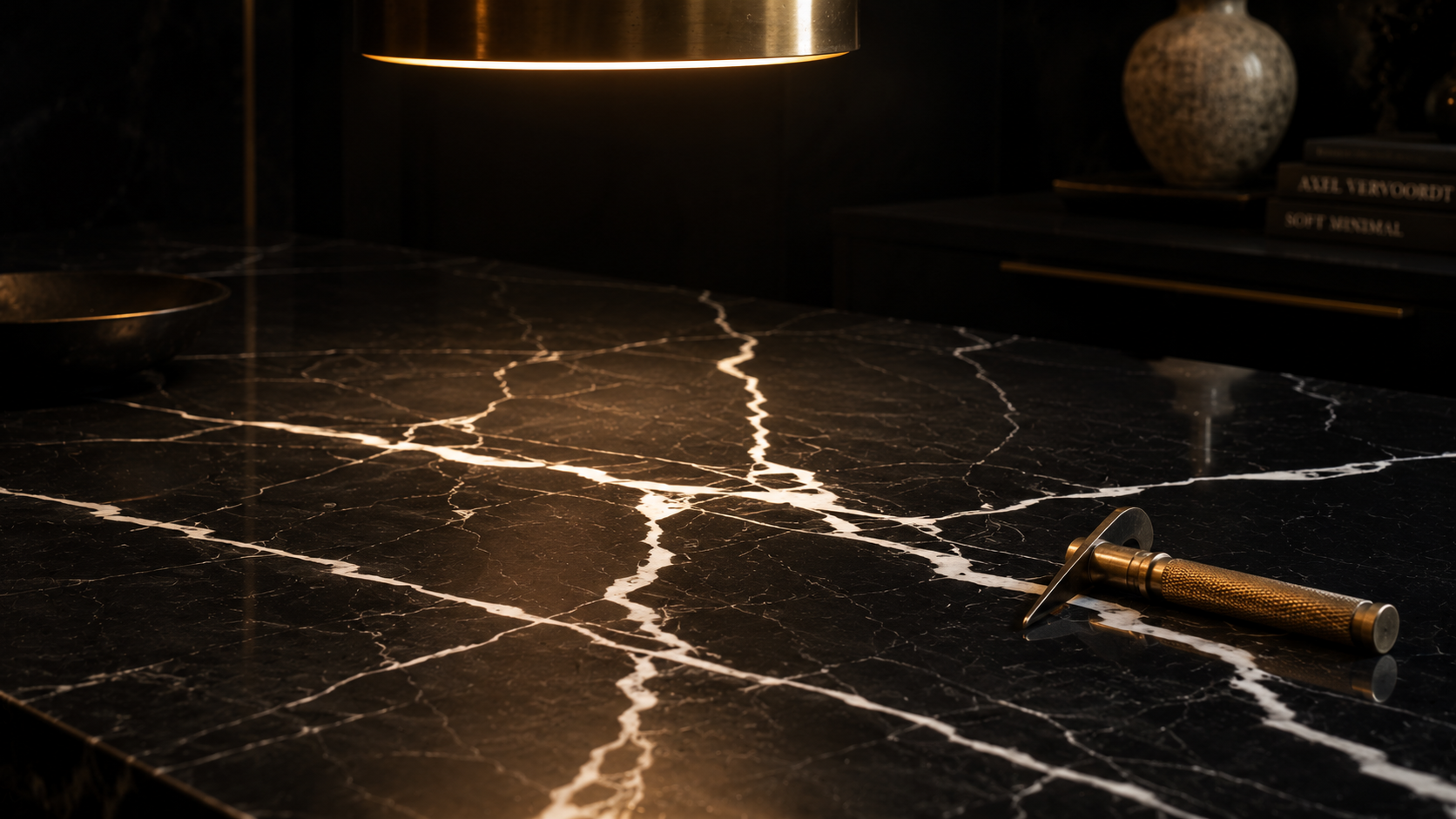 BASINCRAFT black natural stone collection — dramatic granites and marbles with white veining for modern interiors