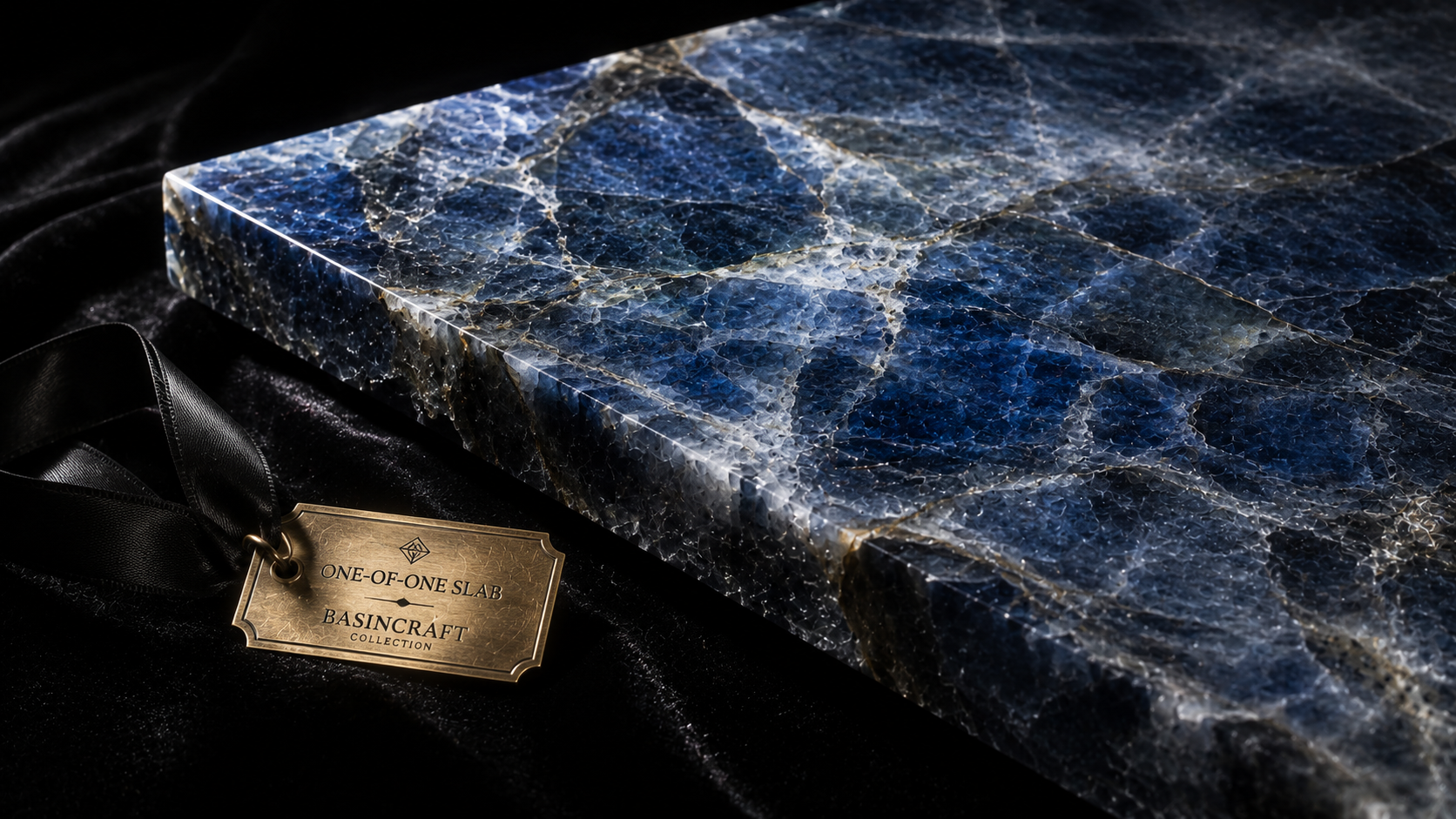 BASINCRAFT blue and exotic natural stone collection — rare one-of-one slabs hand-selected for premium projects
