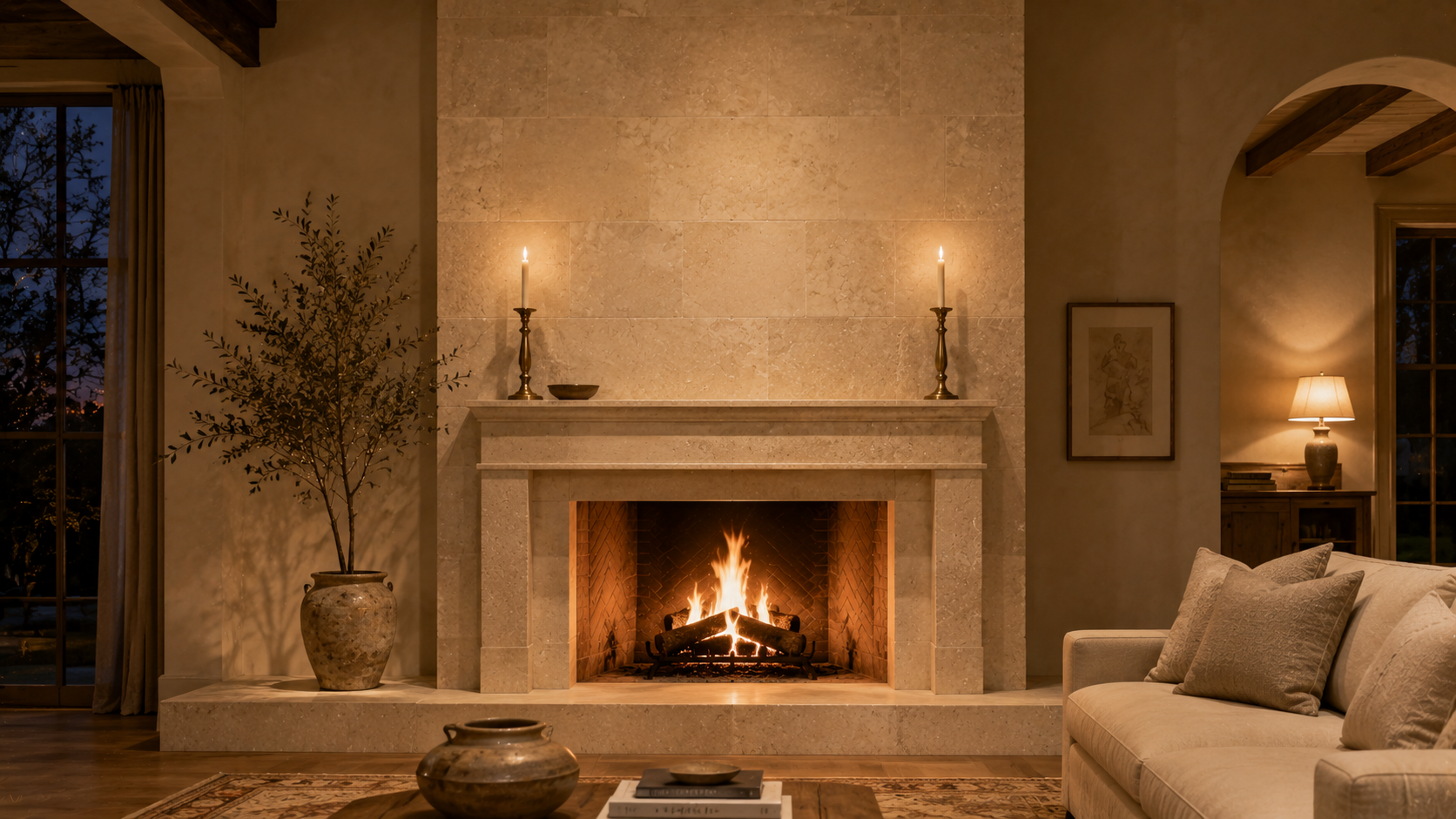 BASINCRAFT natural stone fireplace collection — full surrounds, mantels, and hearths in marble, limestone, and travertine