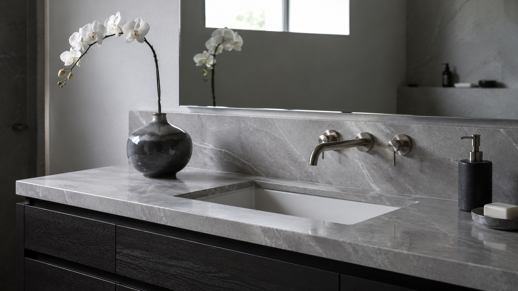 BASINCRAFT gray natural stone collection — cool contemporary marbles and quartzites for minimalist interiors