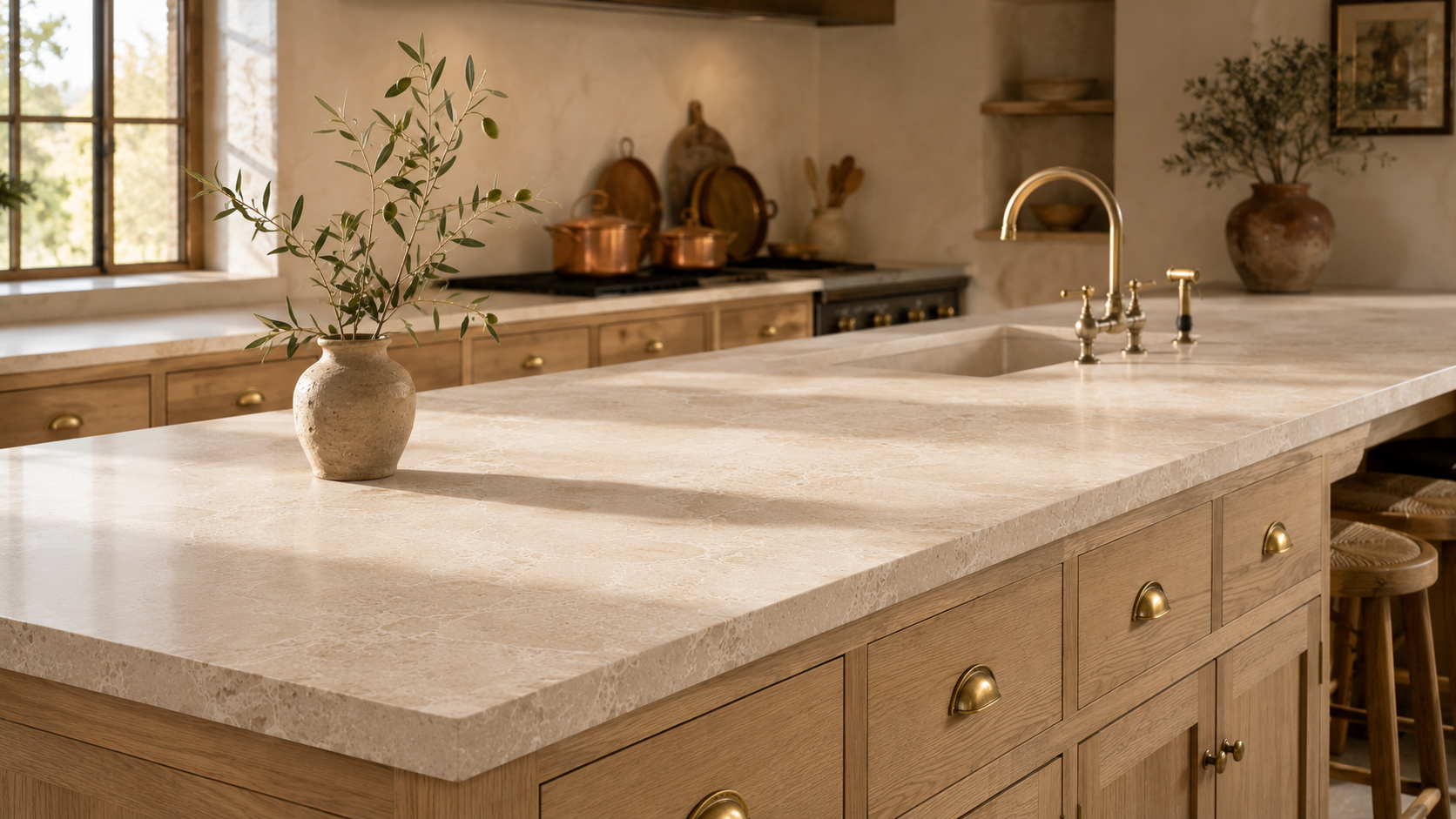 BASINCRAFT natural stone kitchen countertop collection — full-slab marble, granite, and quartzite fabricated to spec
