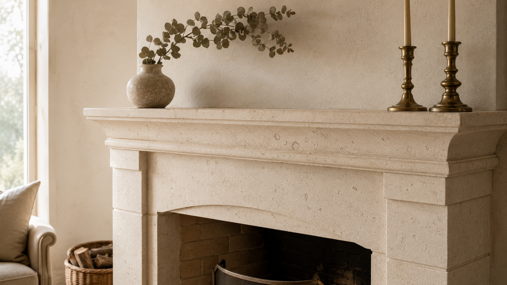 BASINCRAFT limestone collection — soft calm natural stone from Turkish beds for floors, walls, and fireplace surrounds