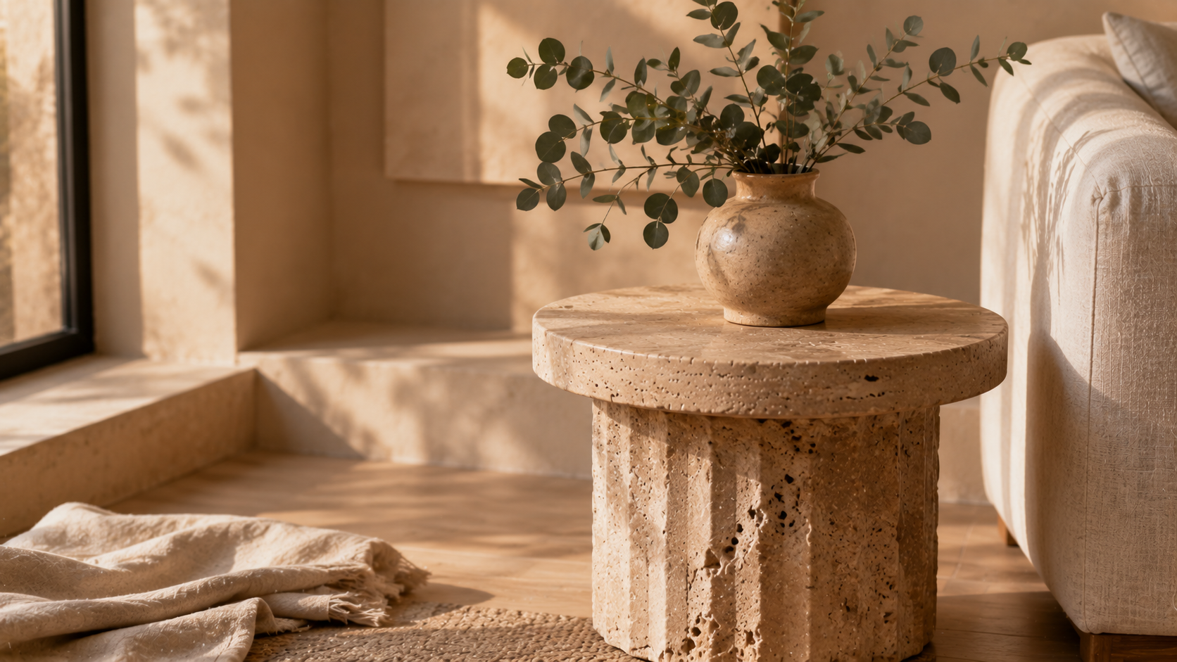 BASINCRAFT custom natural stone table collection — hand-carved dining tables and architectural surfaces in marble