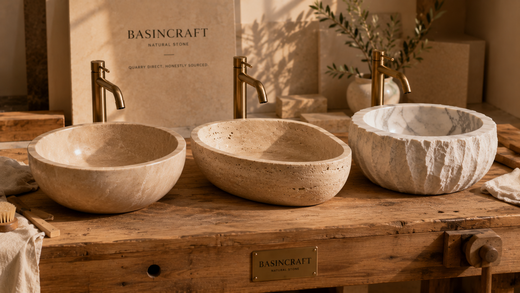 BASINCRAFT hand-carved natural stone vessel sink collection — marble, travertine, and onyx basins from solid blocks