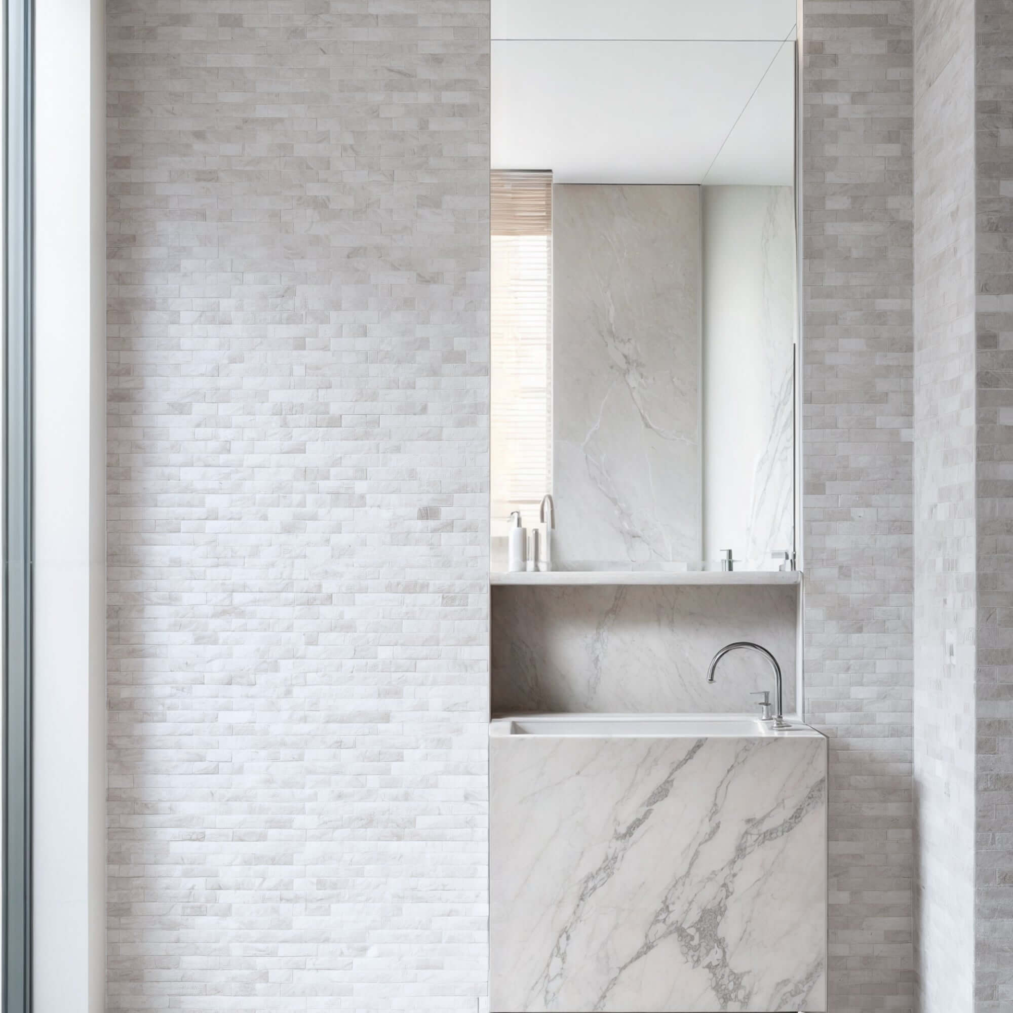 Stylish bathroom featuring Limestone Blasted Mosaic on walls and a marble vessel sink with polished finish.