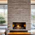Elegant travertine brick mosaic fireplace design enhancing minimalist interiors with natural stone texture.