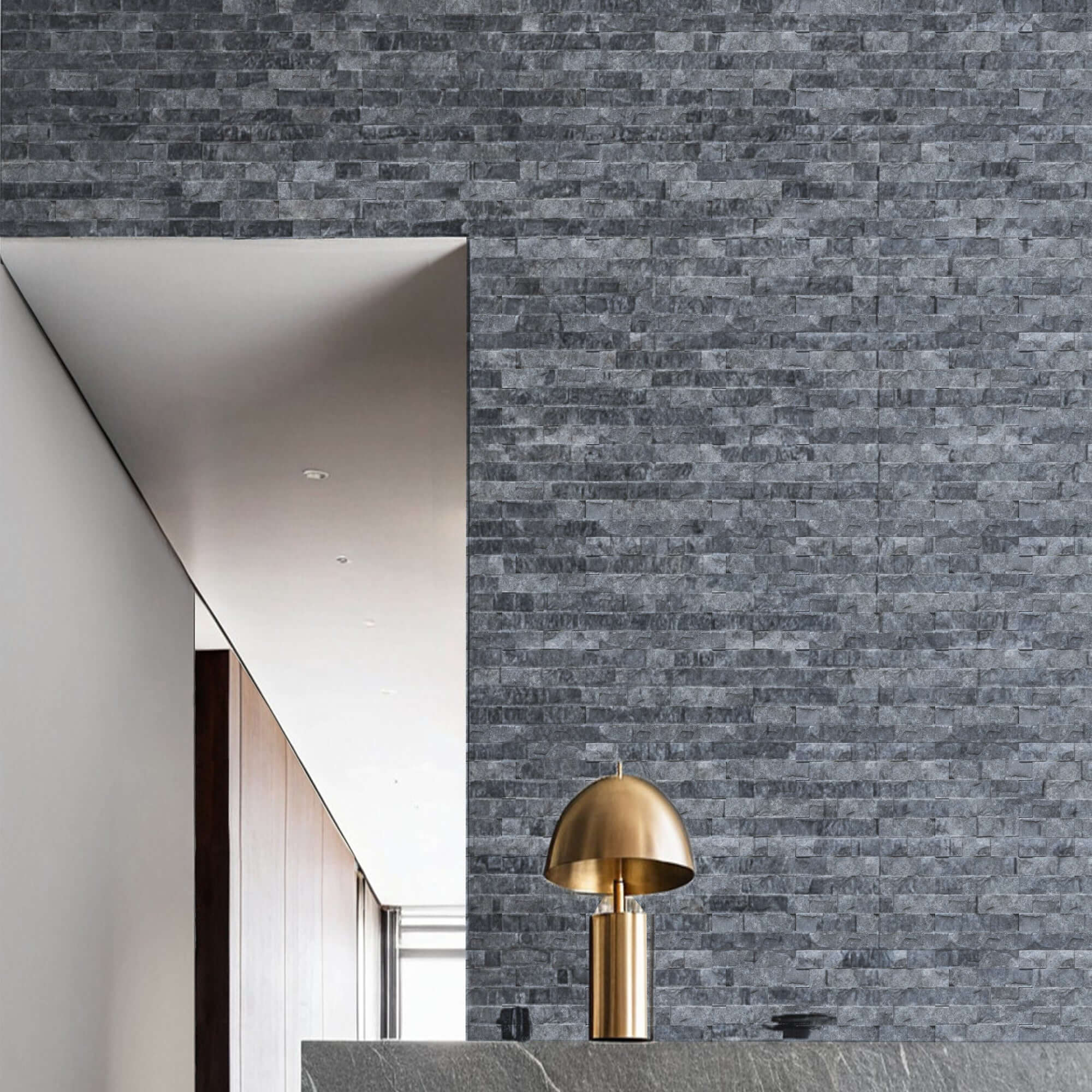 Elegant marble blasted brick mosaic wall in a modern space, showcasing premium craftsmanship and minimalist design.