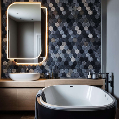 Elegant bathroom featuring Black Marble Hexagon tiles, a sleek vessel sink, and minimalist design elements.