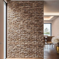 Blasted travertine stone wall, showcasing premium craftsmanship and minimalist design in a modern interior.
