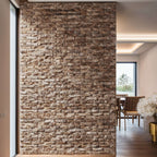 Blasted travertine stone wall, showcasing premium craftsmanship and minimalist design in a modern interior.