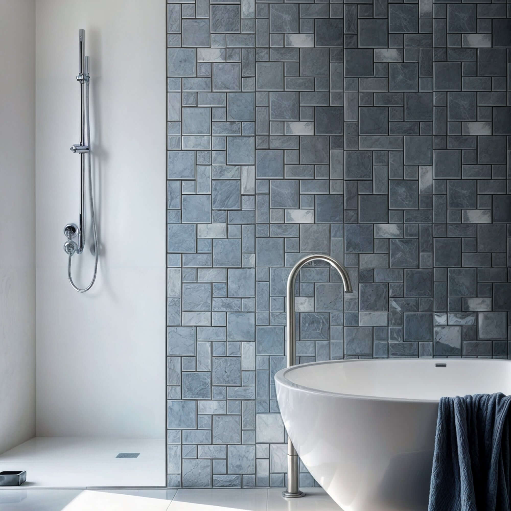 Elegant bathroom showcasing aqua blue natural stone tiles with a polished finish, featuring a minimalist design and vessel sink.