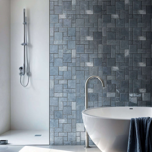 Elegant bathroom showcasing aqua blue natural stone tiles with a polished finish, featuring a minimalist design and vessel sink.