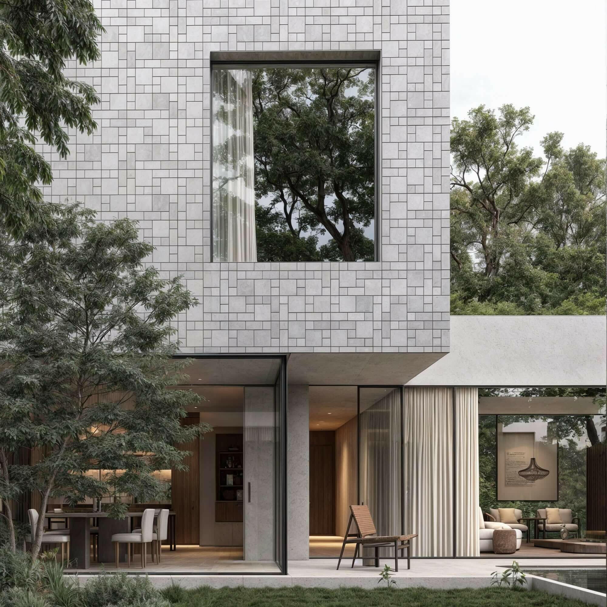 Modern home exterior featuring natural stone facade, large window, and minimalist design with lush greenery.