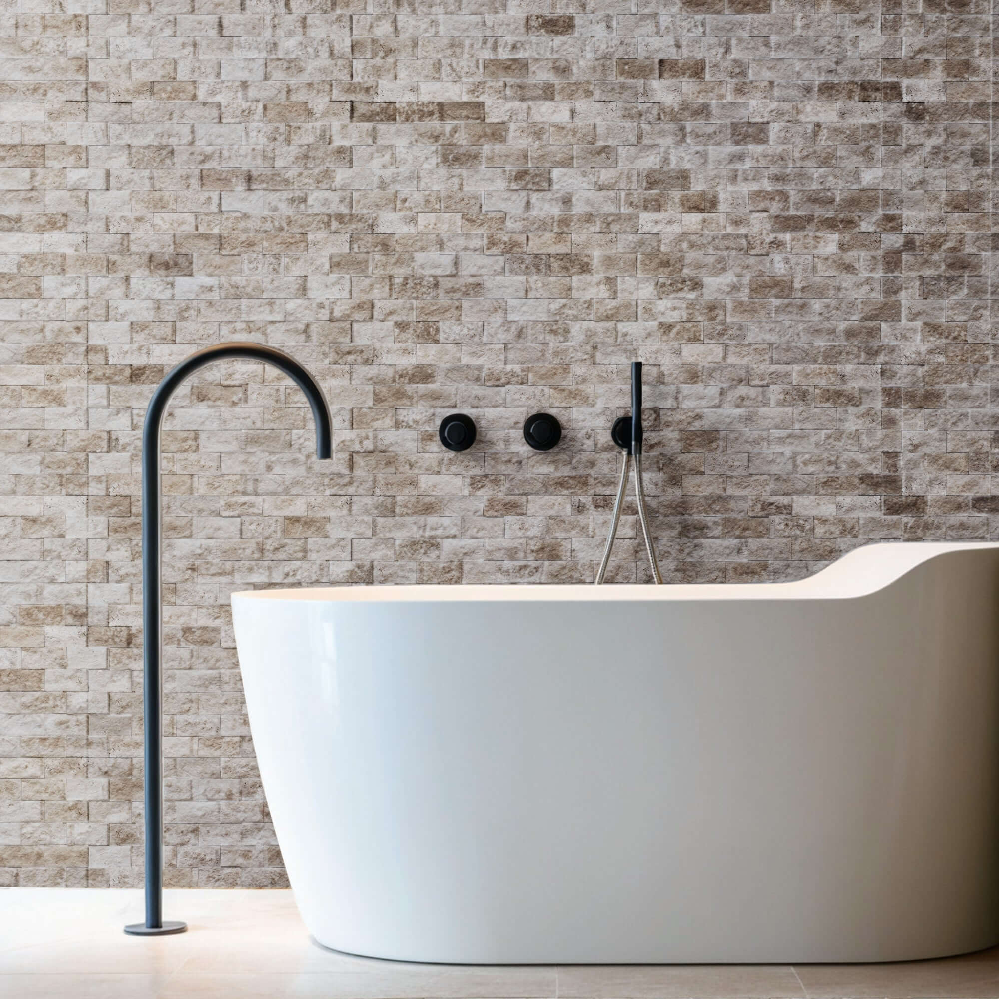 Elegant bathroom featuring a freestanding tub and light travertine blasted stone wall design.