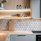 Beige Marble Hexagon tiles in a modern kitchen with minimalist design, showcasing premium natural stone craftsmanship.