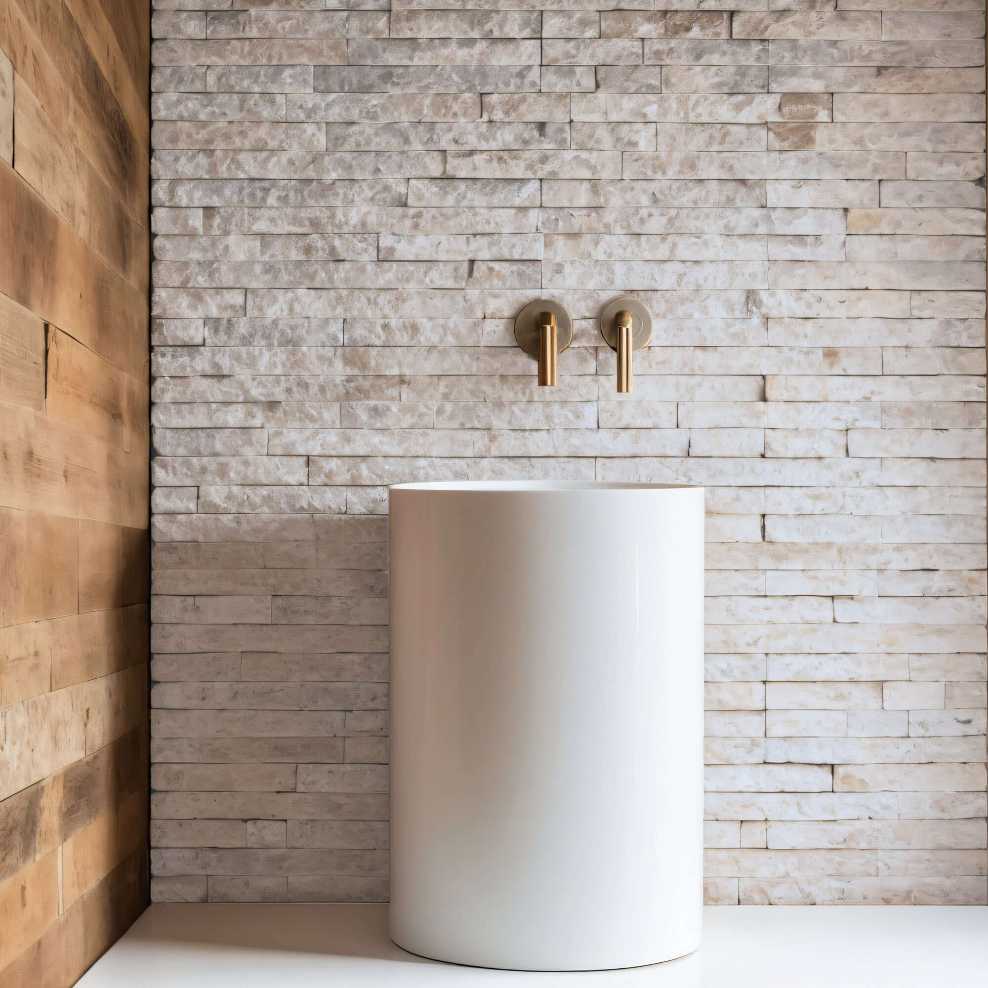 Blasted natural stone wall with polished white vessel sink, featuring minimalist design and gold faucets.