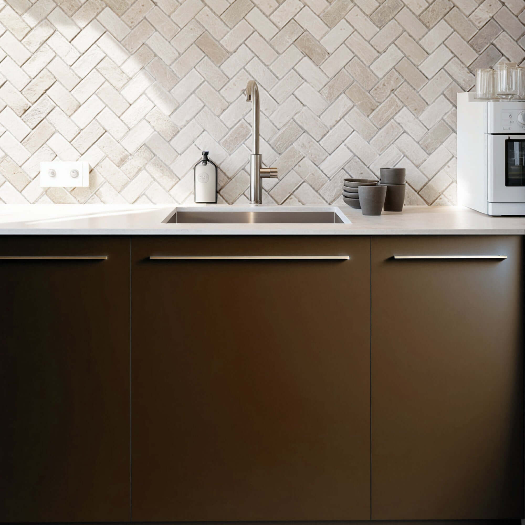 Modern kitchen with travertine distressed mosaic backsplash and minimalist design, featuring a vessel sink.