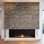 Elegant fireplace with a natural stone brick wall, enhancing minimalist interior design with timeless craftsmanship.