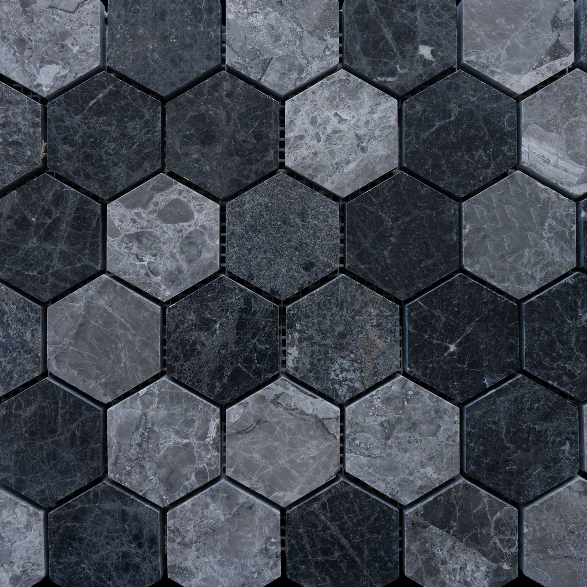 Black marble hexagon tiles measuring 30x30, showcasing premium quality and polished finish for elegant spaces.