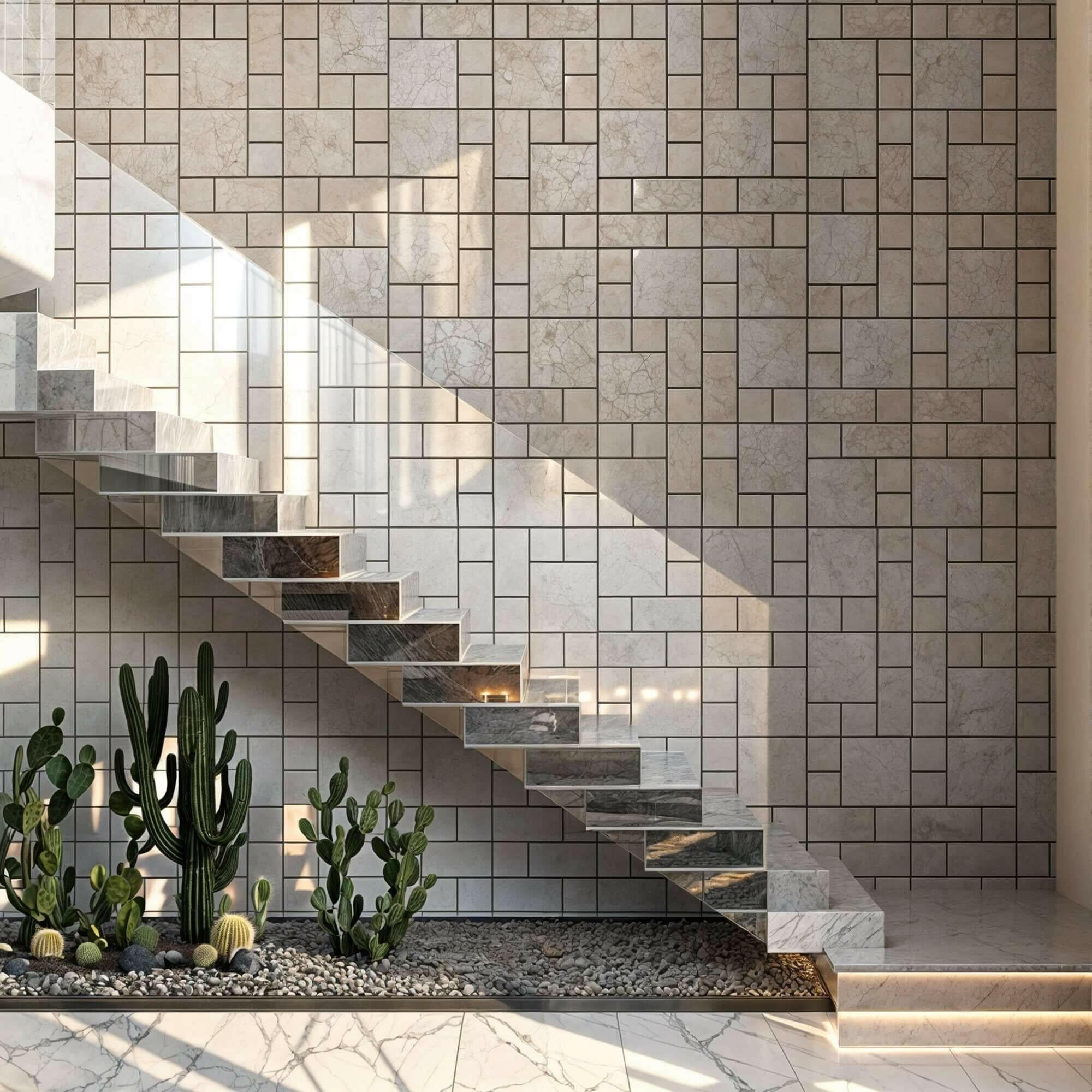 Elegant travertine staircase with polished finish and minimalist design, enhancing natural stone beauty in interior spaces.