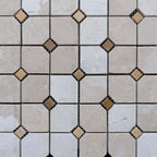 Beige marble mosaic tile, featuring elegant geometric pattern with polished finish, ideal for minimalist design.