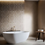 Elegant bathroom featuring a freestanding tub, travertine tiles, and minimalist design highlighting timeless stone craftsmanship.