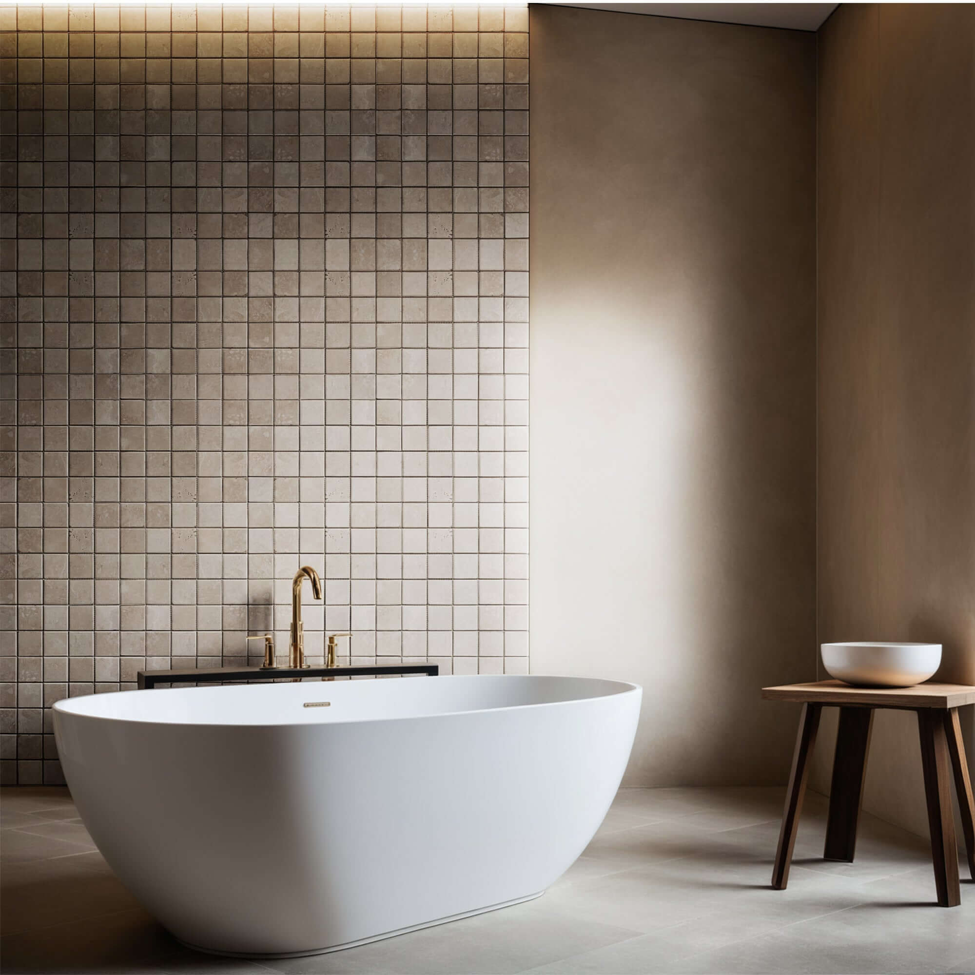 Elegant bathroom featuring a freestanding tub, travertine tiles, and minimalist design highlighting timeless stone craftsmanship.