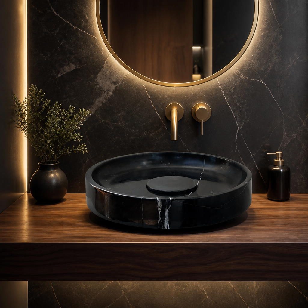 Black Marble Round Vessel Sink