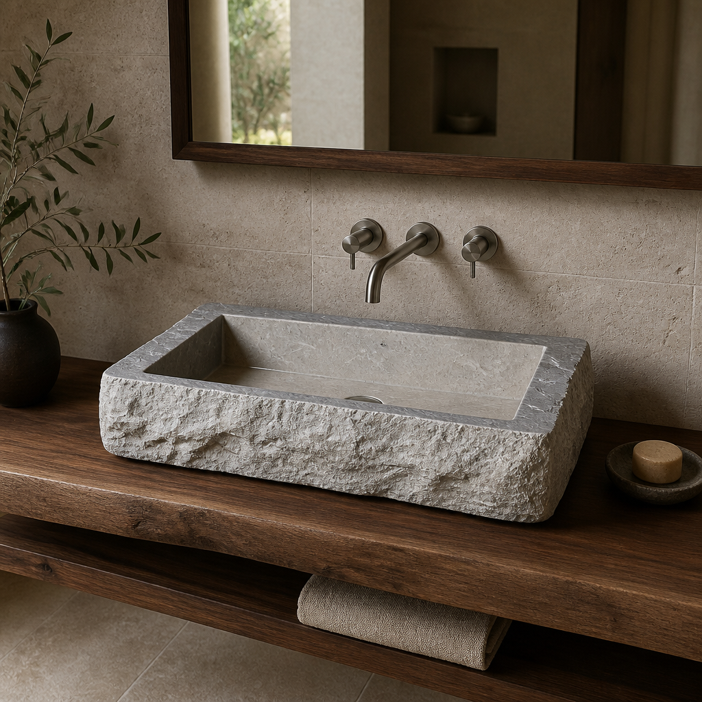 Cream Limestone Vessel Sink — Hand-Carved