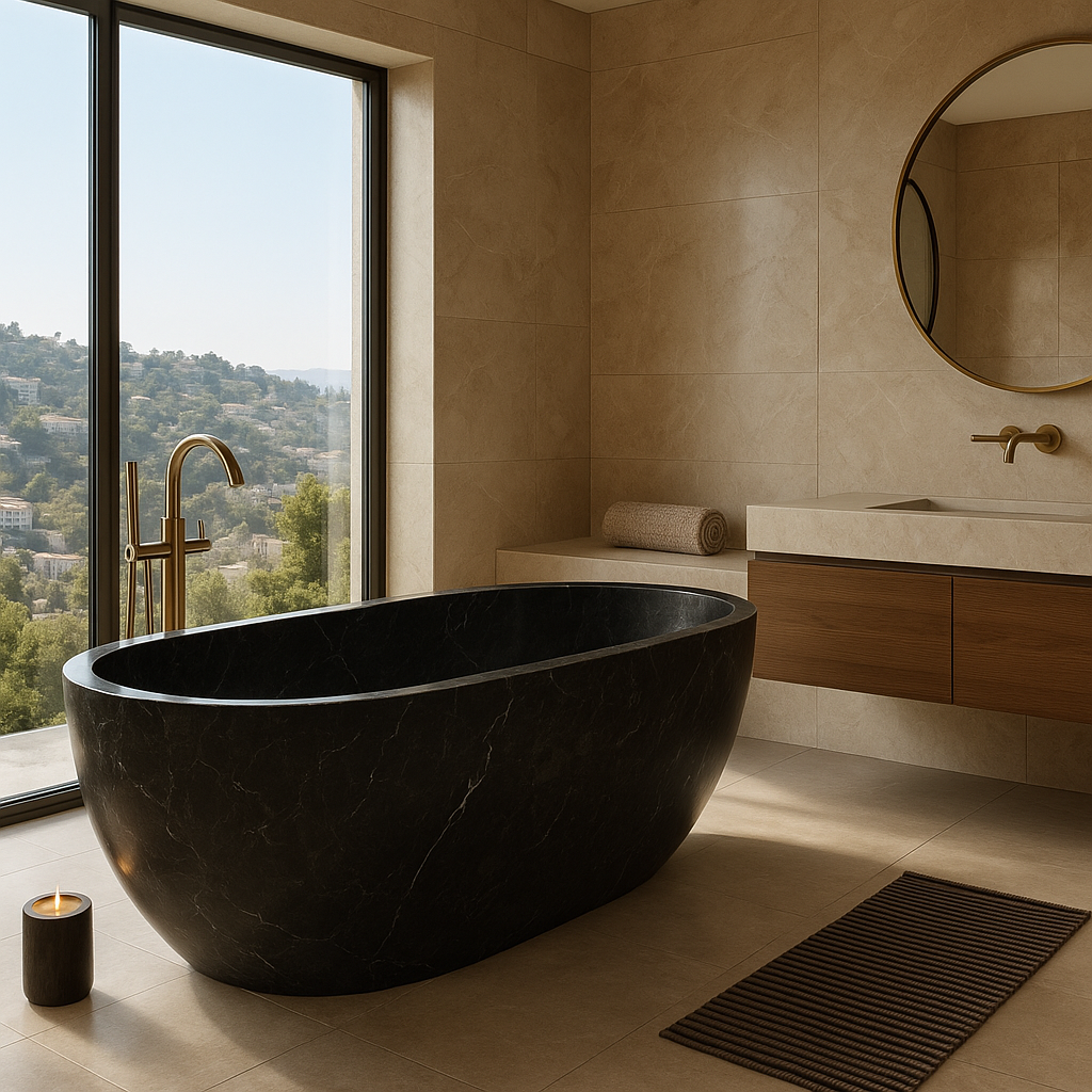 Sleek black and white bathtub showcasing modern design for stylish bathroom interiors